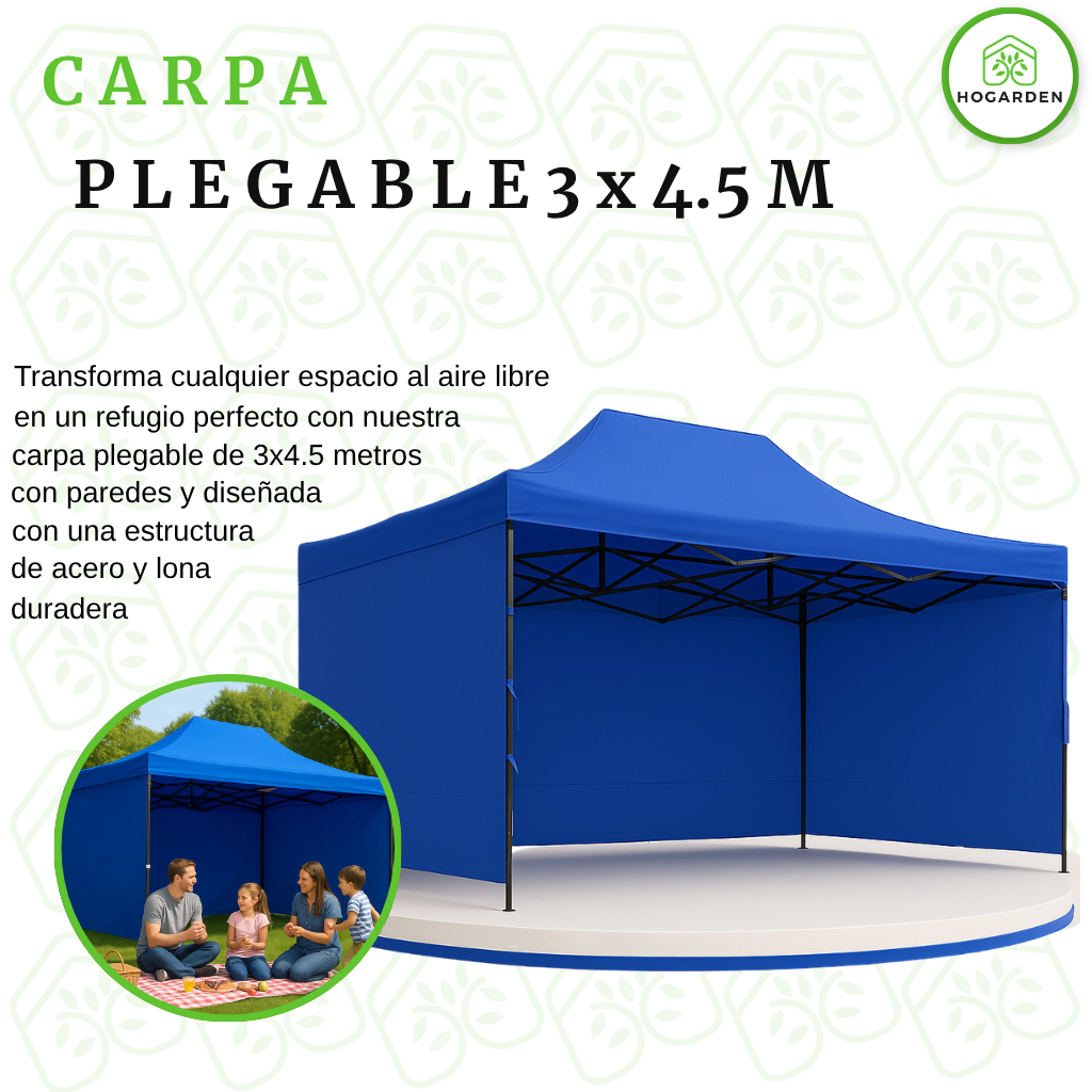 Carpa Plegable Azul 3x4.5 M Con Pared
