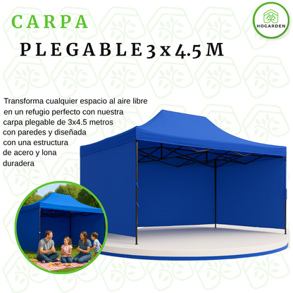 Carpa Plegable Azul 3x4.5 M Con Pared