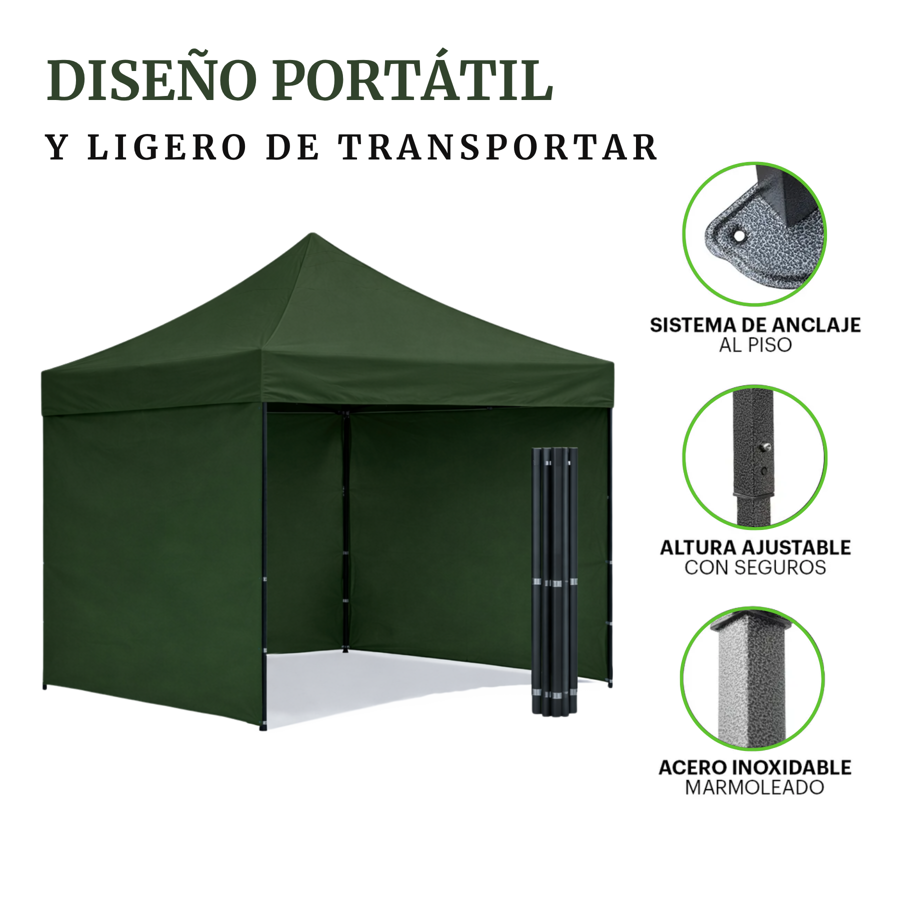 Carpa Plegable Verde 3x3 M Con Pared