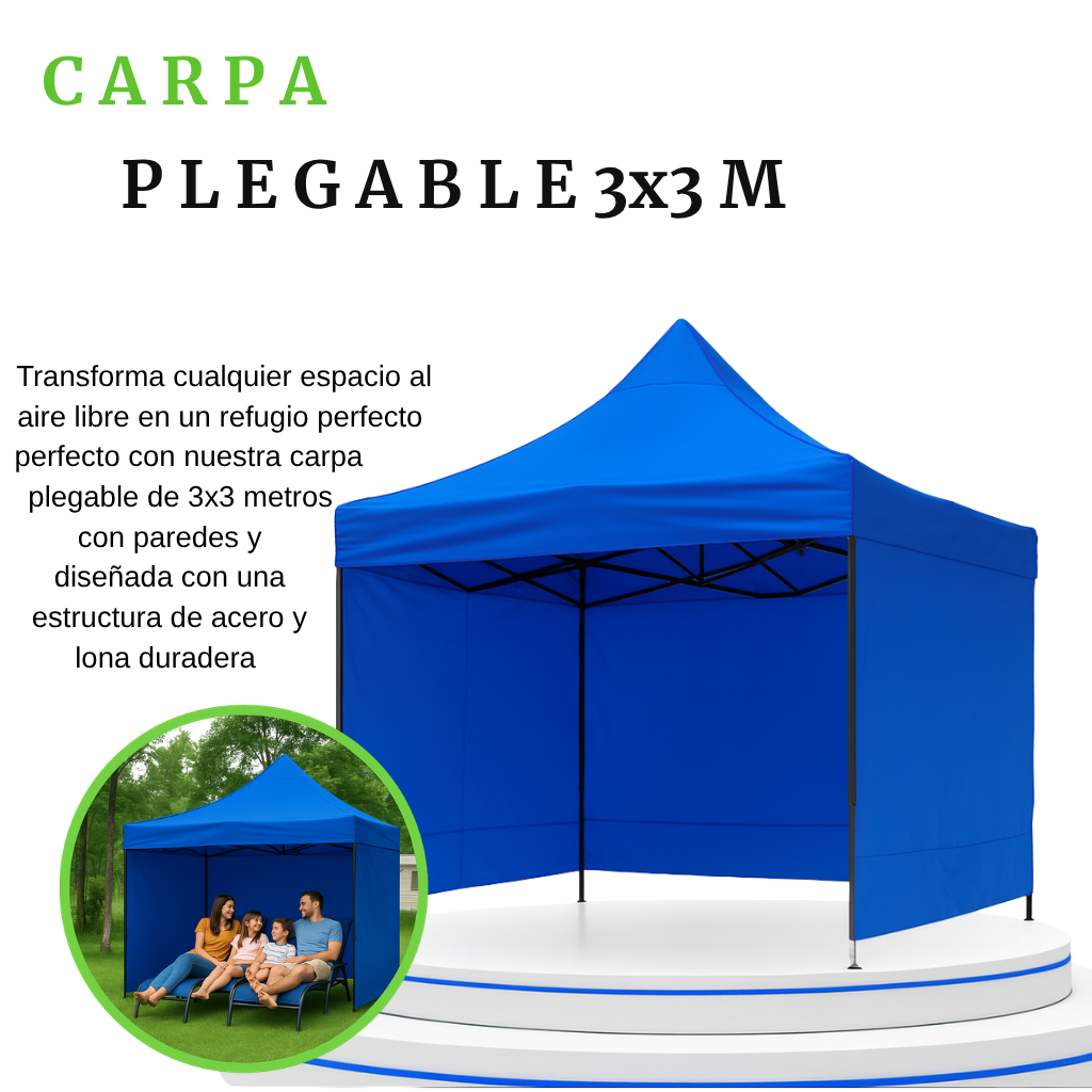 Carpa Plegable Azul 3x3 M Con Pared